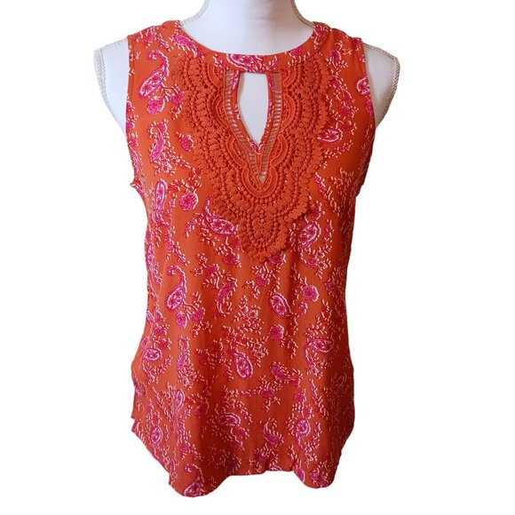 NEW Daniel Rainn Floral Paisley Sleeveless Crochet Top Orange Size XS - Picture 1 of 11